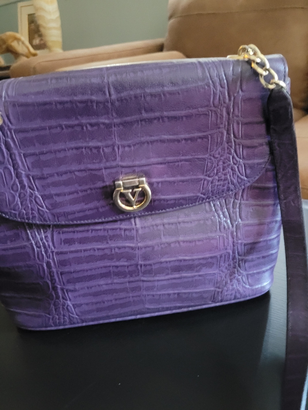 Valentino Gsravani Purple Croc-Embossed Leather Shoulder Bag - Designer Style